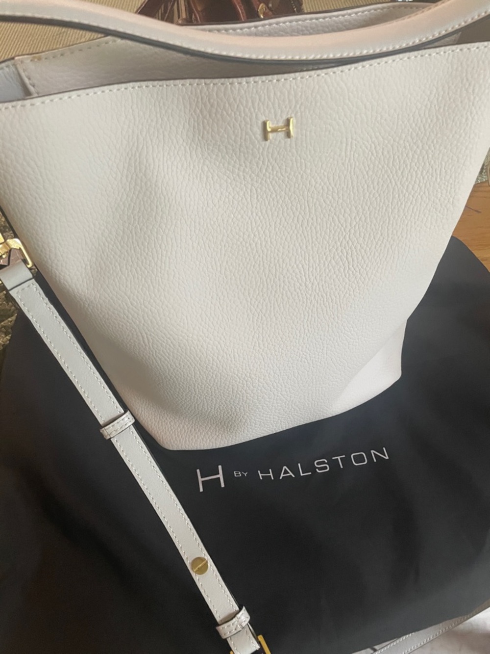 H by Halston White/ gray Pebbled Leather Shoulder Bucket Bag with Gold Hardware